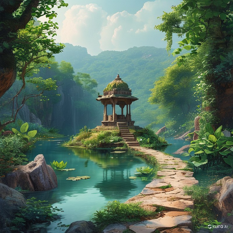 #Bing_Wallpaper“从空中俯瞰宁静的印度卡纳塔克邦霍恩马拉杜附近的 Champaka Sarasi 池塘，一片郁郁葱葱的绿意环绕着池塘，古老的石阶层层跌落至水中