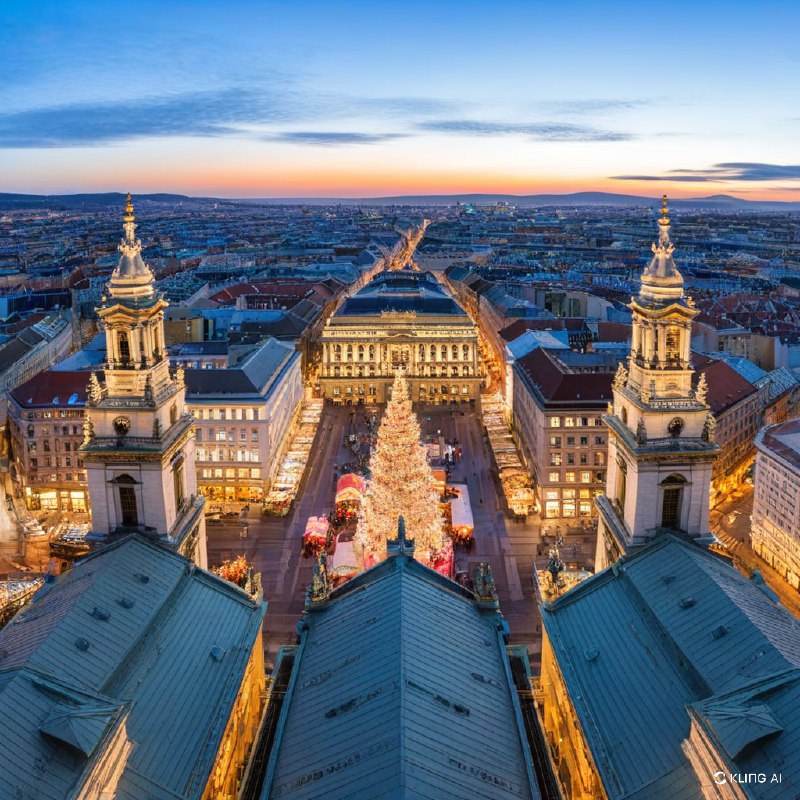 #Bing_Wallpaper圣斯蒂芬大教堂在降临节期间的全景，装饰着来自匈牙利布达佩斯繁忙圣诞市场的温暖发光灯饰