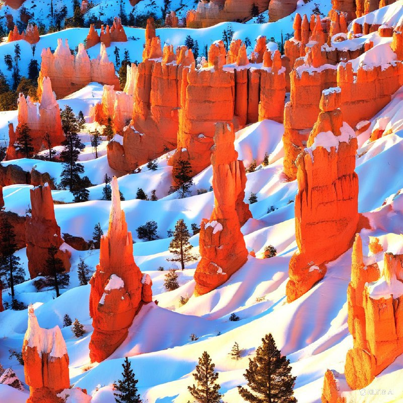 #Bing_Wallpaper雄伟的砂岩岩柱在犹他州布莱斯峡谷国家公园的洁白雪床上戏剧性地矗立，橙红色与火红色的石柱在日出或日落时的柔光下散发着金色的光辉