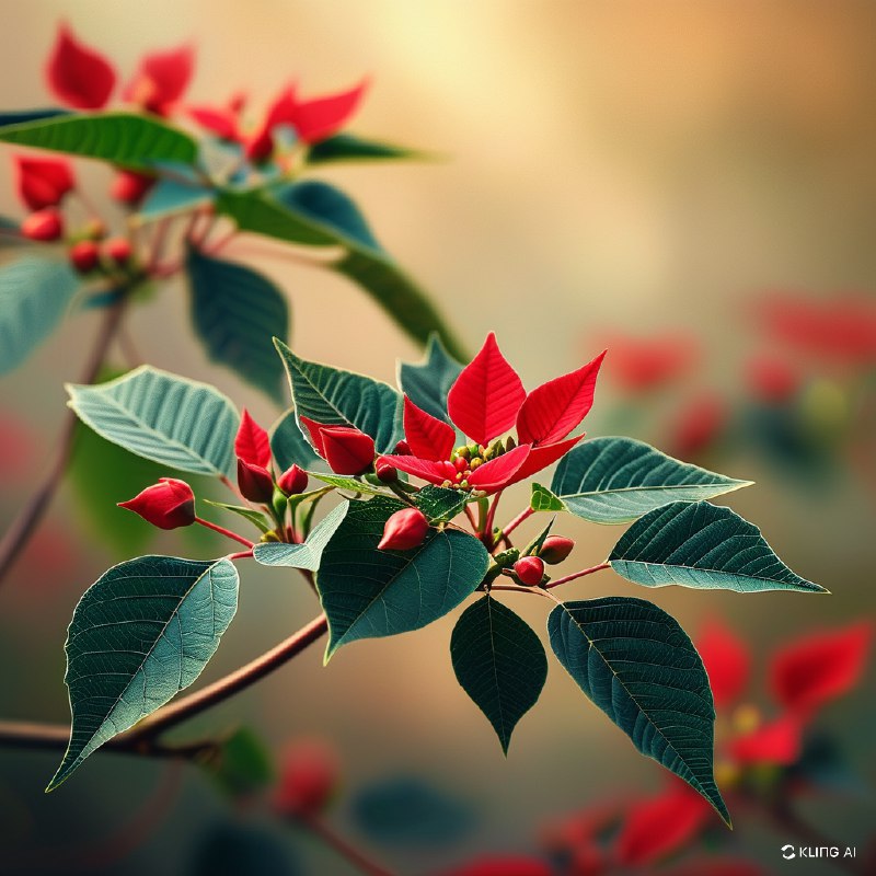 #Bing_Wallpaper"特写镜头下，一枝盛开的圣诞花被鲜红的苞片和小花蕾点缀