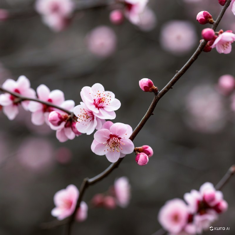 #Bing_Wallpaper盛开的娇嫩梅花，柔粉色的花瓣散发出优雅与精细的魅力，点缀在纤细的深棕色枝条上
