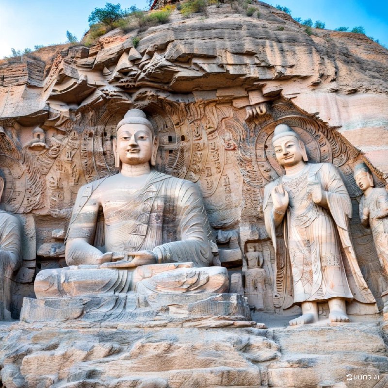 #Bing_Wallpaper位于中国山西省大同市的云冈石窟，是一片宏伟而古老的佛教岩石雕刻遗址，呈现了两座雕刻在悬崖上的巨大石佛