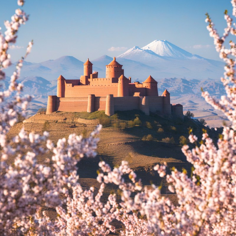 #Bing_Wallpaper“如梦似幻的西班牙城堡坐落在起伏的山丘之上，卡拉奥拉城堡由金红色的石材建成，在柔和的阳光下散发出温暖的光芒，周围是一片娇嫩盛开的粉白色樱花