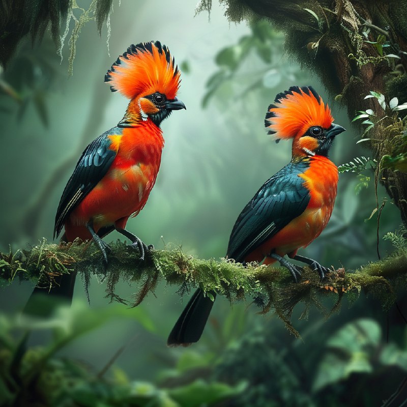 #Bing_Wallpaper两只色彩鲜艳的安第斯岩鸡栖息在厄瓜多尔茂密而雾气缭绕的雨林中，它们引人注目的红橙色羽冠在裹满苔藓的树枝和背景中模糊的绿色与棕色衬托下熠熠生辉