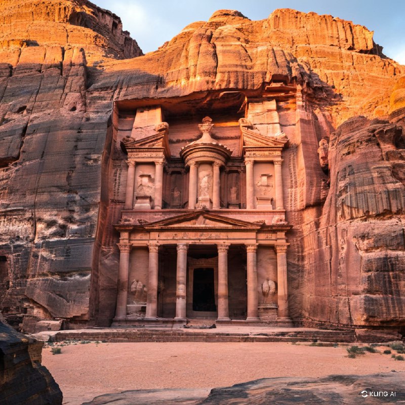 #Bing_Wallpaper“约旦佩特拉的修道院（Ad Deir）的壮丽遗址沐浴在落日的金色余辉中