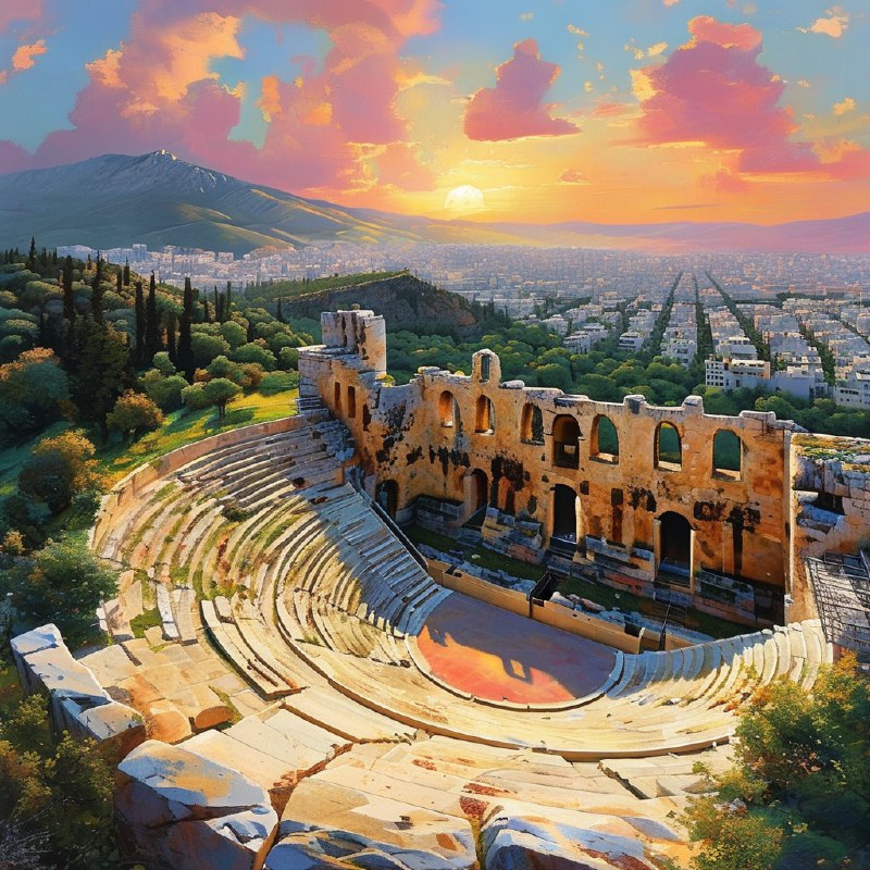 #Bing_Wallpaper“在希腊雅典卫城脚下的赫罗德·阿提库斯剧场，一场壮丽的金色日落庆祝着古典戏剧