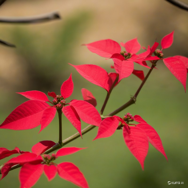 #Bing_Wallpaper"特写镜头下，一枝盛开的圣诞花被鲜红的苞片和小花蕾点缀