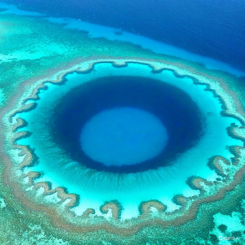 #Bing_Wallpaper“一幅令人叹为观止的俯瞰图展现了伯利兹的大蓝洞——一个巨大的水下天坑，被生机勃勃的珊瑚礁环绕