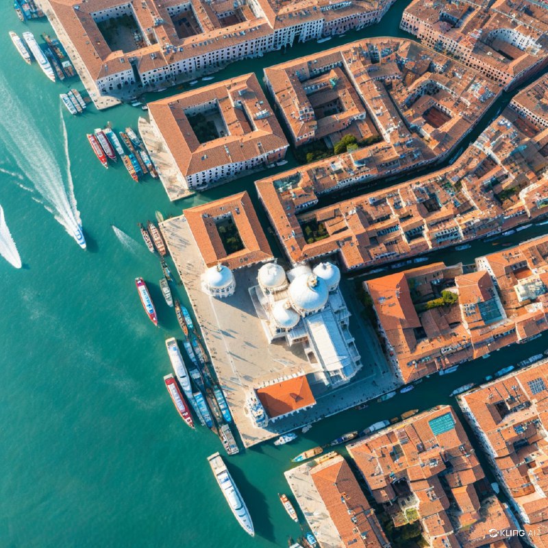 从空中俯瞰威尼斯三角形地段，大运河、生机勃勃的陶土屋顶、突出的白顶教堂、水上贡多拉以及熙熙攘攘、五彩缤纷的城市景观尽收眼底
