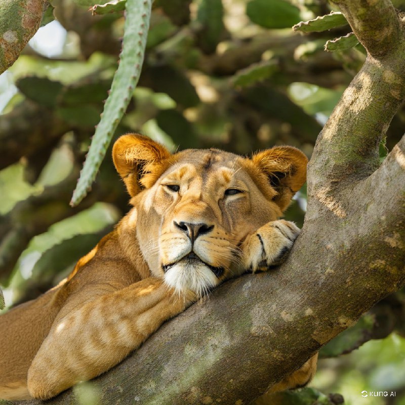 #Bing_Wallpaper“一只宁静的狮子安详地栖息在一根结实的树枝上，隐身于伊沙夏地区——乌干达伊丽莎白女王国家公园内密茂的仙人掌状树木的葱茏枝叶间