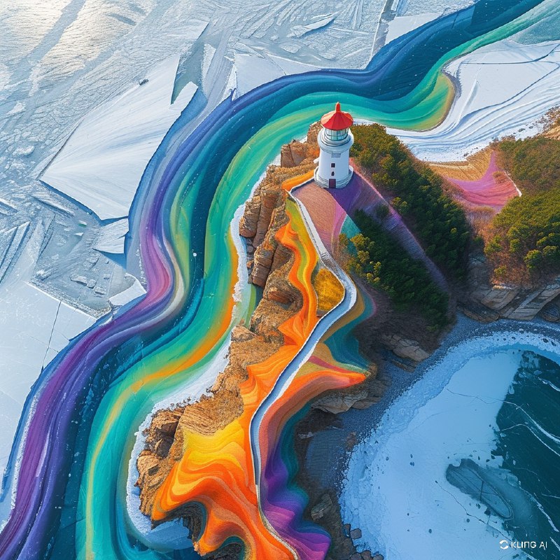 #Bing_Wallpaper俯瞰一幅奇幻场景，展示了悬崖峭壁上色彩斑斓的抽象风景，俯瞰着一片冰封的海面