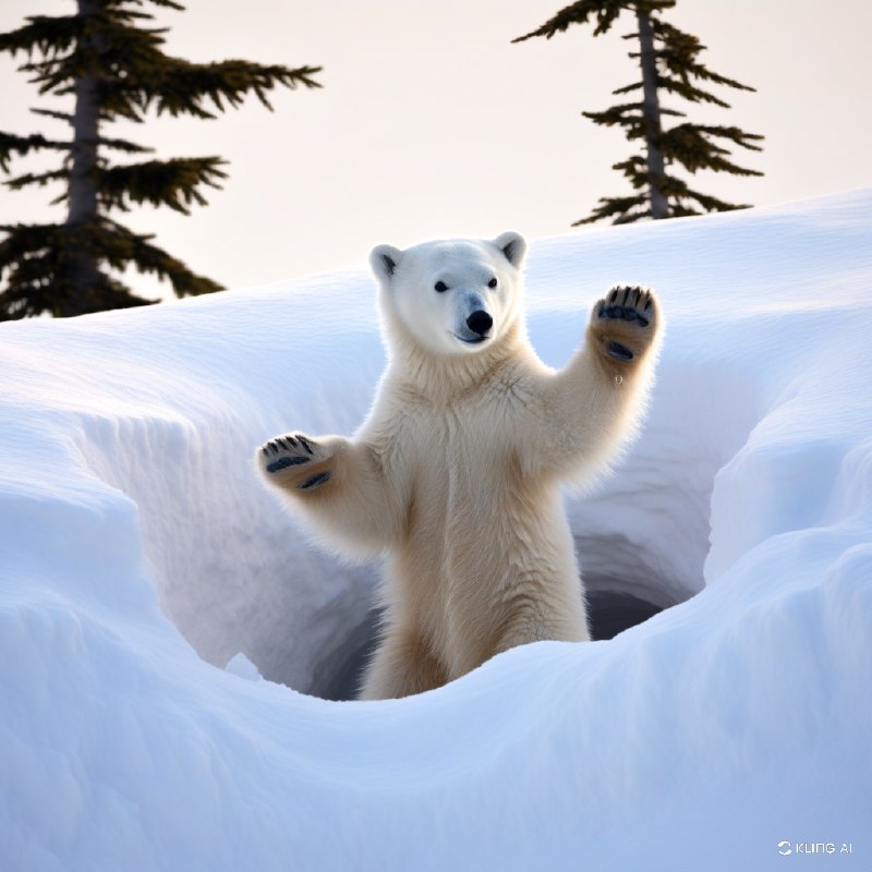 #Bing_Wallpaper一幅温馨的画面展现了顽皮的北极熊幼崽从雪白的巢穴中探出身来，周围是闪耀在柔和散射的北极日光下的洁白雪堆