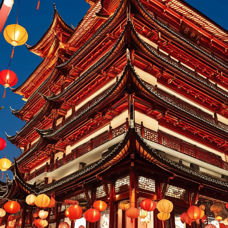 #Bing_Wallpaper上海豫园元宵灯会期间充满活力且喜庆的场景，背景是一片清朗的夜空