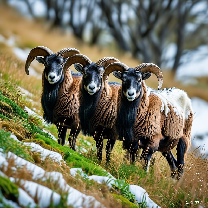 #Bing_Wallpaper一群宁静而威严的长角绵羊站立在新西兰的一处草地上，草地上零星点缀着白雪