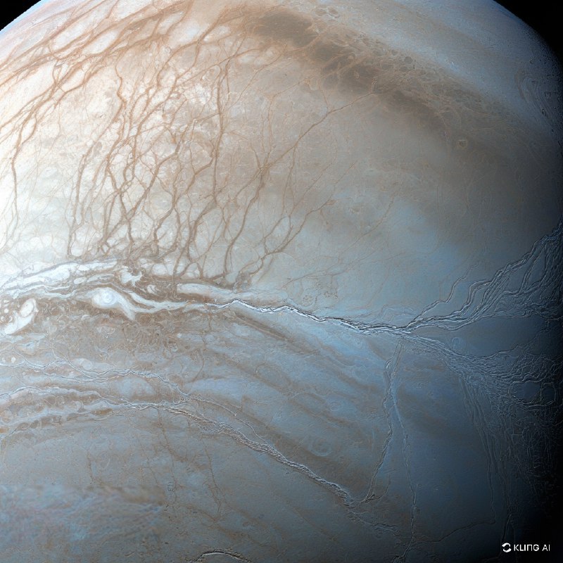 木星的冰质卫星欧罗巴的细致逼真的描绘，在太空背景下展示了其龟裂的冰质表面以及复杂的脊线细节