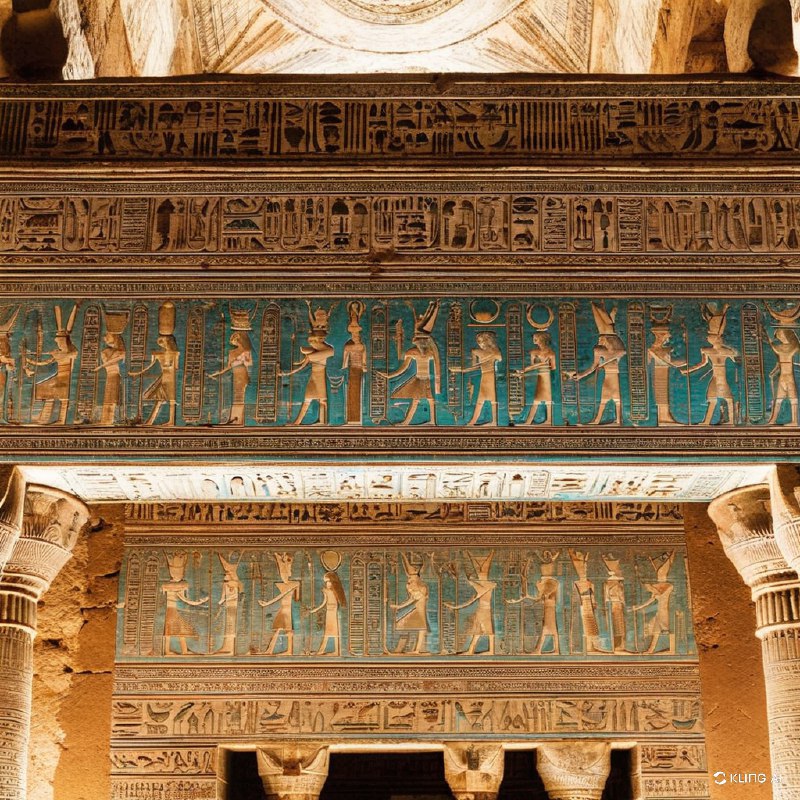 古埃及神庙的内部装饰、细致的象形文字和石雕、鲜艳的色彩、复杂的建筑细节、华丽的柱子、历史的氛围、温暖的灯光、神圣而神秘的氛围