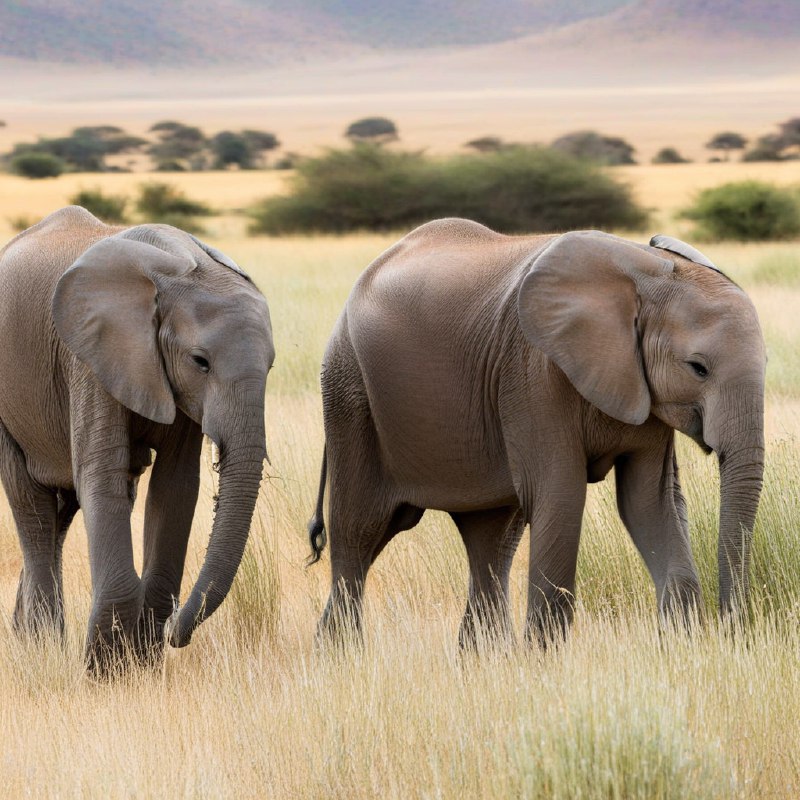 #Bing_Wallpaper两头沙漠大象——一头成年象和一头顽皮的小象——正在纳米比亚广阔的沙漠地带中，平静地在高大茂密的金绿色草丛间觅食