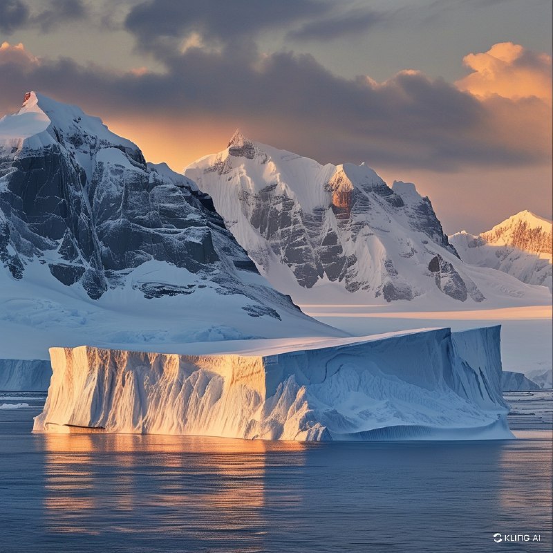 #Bing_Wallpaper雄伟的南极洲景观中，巨大的冰山静静地漂浮在平静的海面上，它们复杂的纹理在光线下熠熠生辉