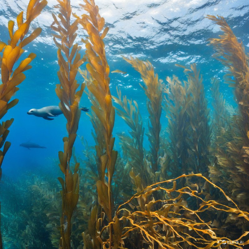 一个宁静的水下场景，以巨大的海藻林为特色，金褐色的海藻生机勃勃