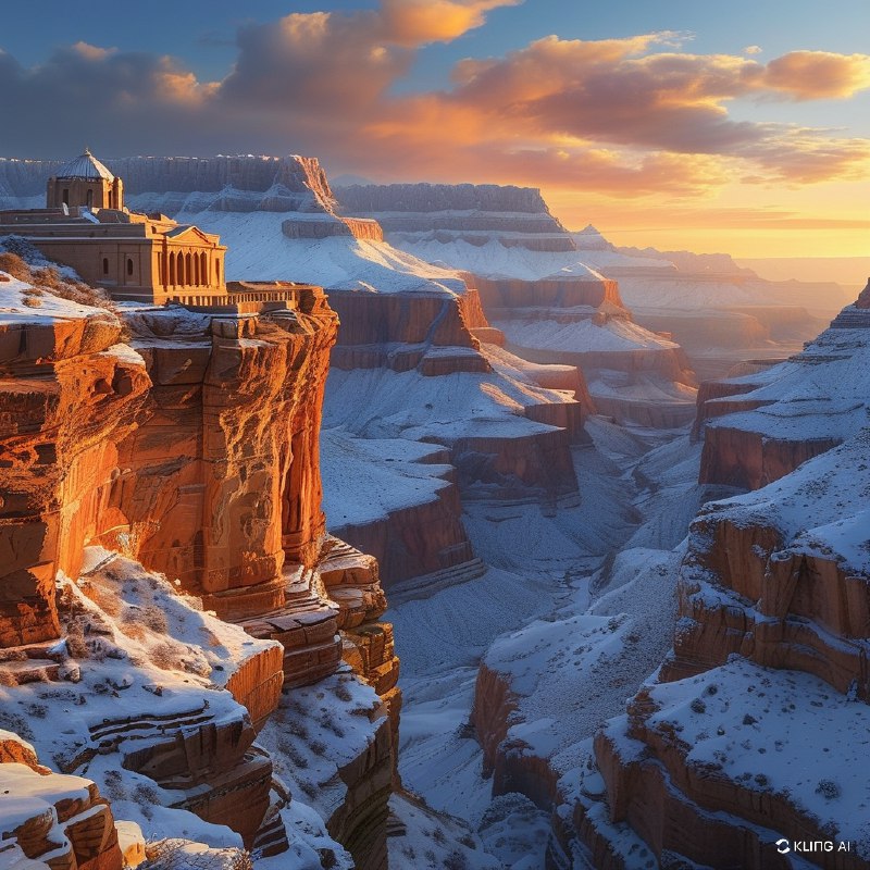 #Bing_Wallpaper“雄伟的祆教神庙无缝地融入亚利桑那州美国大峡谷崎岖的悬崖之中，在日落时分展现出壮丽的景象