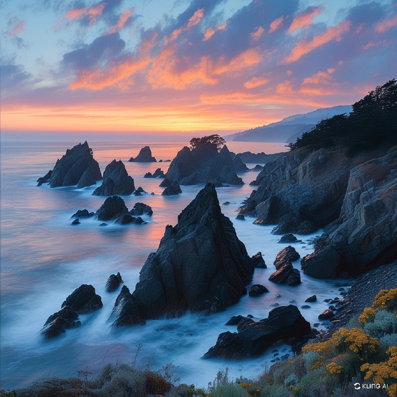#Bing_WallpaperA mesmerizing coastal scene at twilight in Sonoma Coast State Park, California. The rugged shoreline is adorned with jagged, dark rock formations emerging from the serene ocean, creating a dramatic silhouette against the soft glow of dusk. The sky is a canvas of gentle blues and purples, with wisps of clouds painted in subtle shades of peach and pink, hinting at the day's end. The ocean is calm yet vibrant, with a misty haze enveloping the scene, adding depth and mystery. The overall composition captures the tranquil yet majestic essence of the tidal landscape, evoking a sense of peace and wonder. The image is rich in color and texture, embodying an impressionistic, almost ethereal style that highlights the natural beauty and dynamic interplay of light and shadow.加州索诺马海岸州立公园黄昏时分迷人的海岸景象