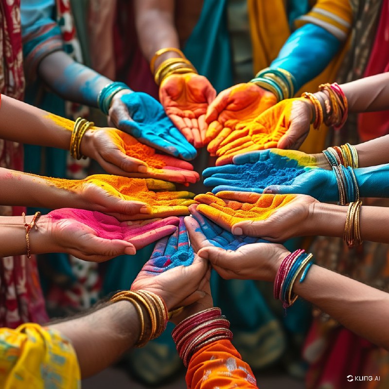 #Bing_Wallpaper在印度斋浦尔热烈庆祝的洒红节，色彩斑斓的粉末洒满双手和衣服，象征着欢乐与团结