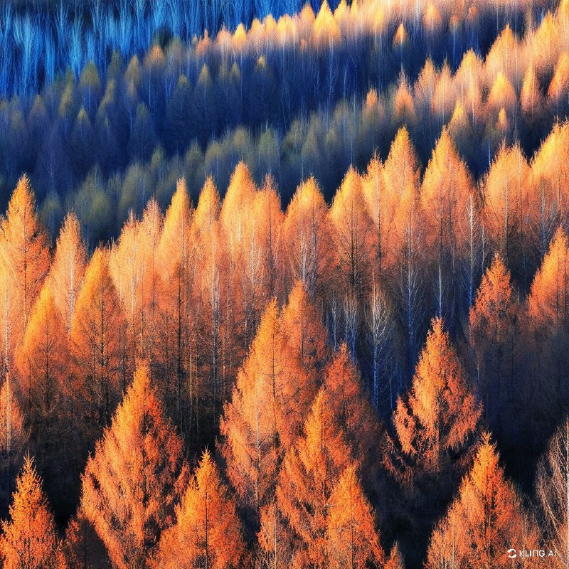 中国巴山草原上的金色松树，展现了初冬的美景，令人叹为观止