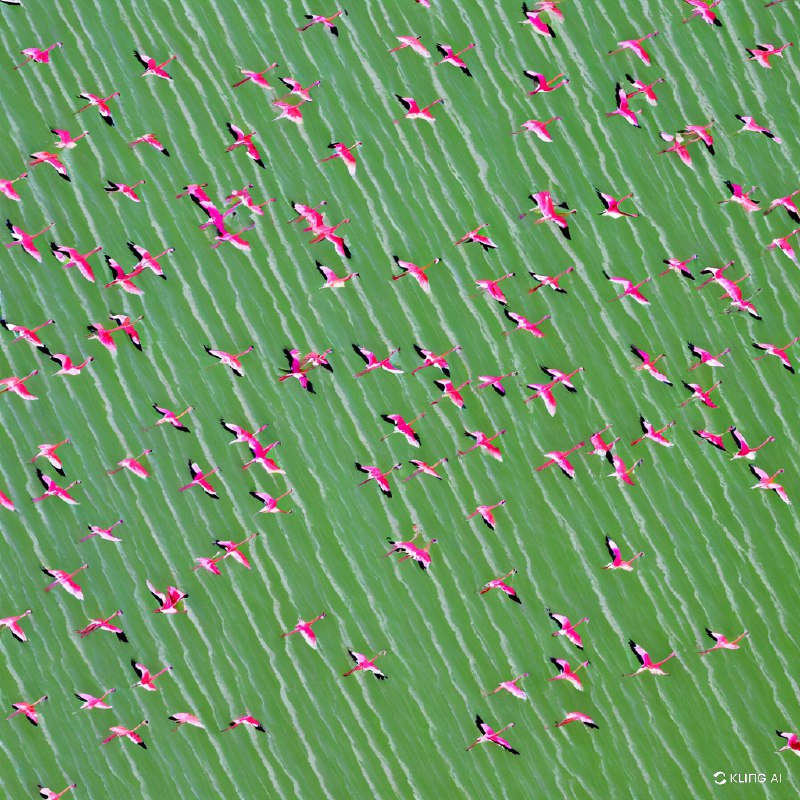 一群火烈鸟飞过一片绿色，鸟瞰，色彩鲜艳，动态，自然场景，户外野生动物摄影