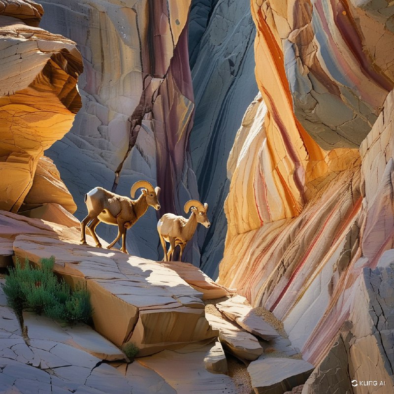 #Bing_Wallpaper两只沙漠大角羊优雅地穿行于阳光照耀下内华达州火焰谷州立公园崎岖的地形上，栖息在色调柔和的砂岩地貌上