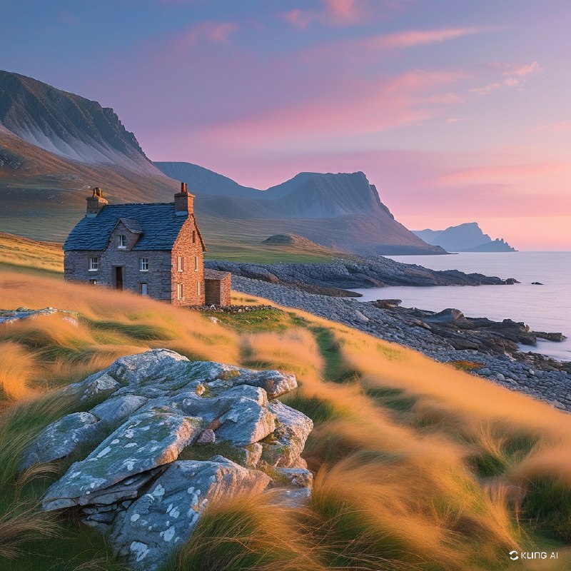 #Bing_Wallpaper"威尔士沿海的日出景象，一座古朴的石屋静静地坐落在金色随风摇曳的草丛中，屋顶覆有板岩，与兰德温岛（Llanddwyn Island）宁静的美景融为一体