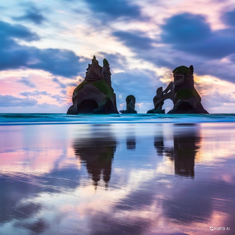 #Bing_Wallpaper新西兰瓦拉里基海滩壮丽的海岸景观，展示了从宁静的大海中冒出的高耸而饱经风霜的岩石地貌，其中一块岩石被时间雕刻出了一个天然的拱门