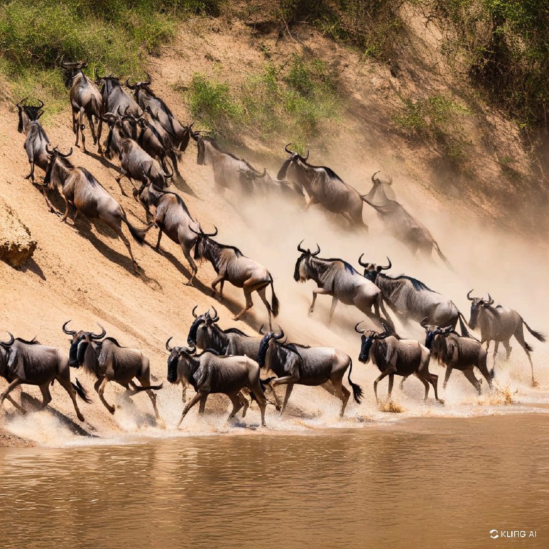 一群角马在迁徙途中跃入河中，空气中弥漫着泥土和灰尘，河岸郁郁葱葱，动态，非洲风景，生存，自然摄影