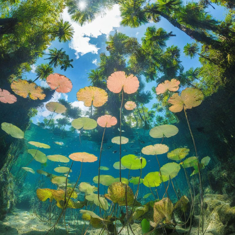 #Bing_Wallpaper“这是一幅迷人的水下视角画面，展现了墨西哥图卢姆一处天然天坑的景象，被热带绿洲的精致倒影所环绕点缀