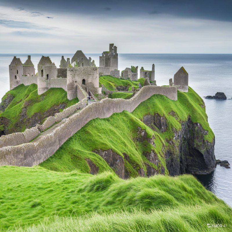 #Bing_Wallpaper"在崎岖悬崖上雄伟的中世纪城堡遗迹，位于北爱尔兰安特里姆的邓卢斯城堡俯瞰着广阔而宁静的海洋