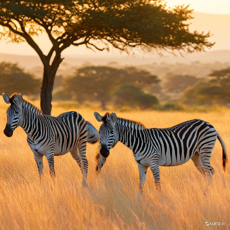 #Bing_Wallpaper两匹雄伟的平原斑马站立在金色的稀树草原上，沐浴在南非莫卡拉国家公园日出时温暖的金色光芒中