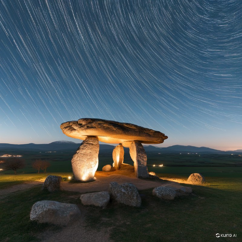 #Bing_Wallpaper“这是一幅神秘的夜景，画面中位于西班牙巴斯克自治区阿拉瓦的庄严索尔吉内切巨石墓（Sorginetxe Dolmen）占据了前景