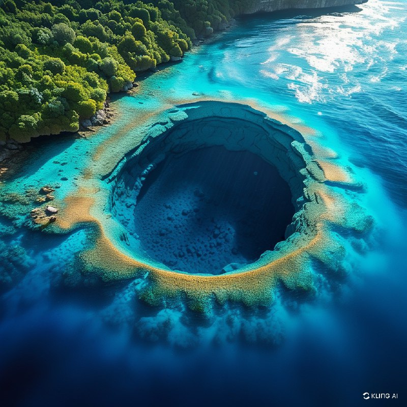 #Bing_Wallpaper“一幅令人叹为观止的俯瞰图展现了伯利兹的大蓝洞——一个巨大的水下天坑，被生机勃勃的珊瑚礁环绕