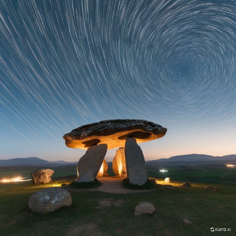 #Bing_Wallpaper“这是一幅神秘的夜景，画面中位于西班牙巴斯克自治区阿拉瓦的庄严索尔吉内切巨石墓（Sorginetxe Dolmen）占据了前景