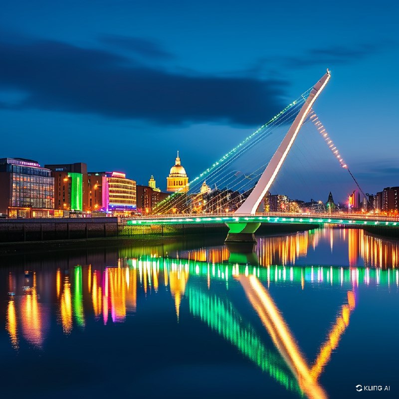 #Bing_Wallpaper"在爱尔兰都柏林圣帕特里克节庆祝活动中，塞缪尔·贝克特桥展现出迷人的夜景