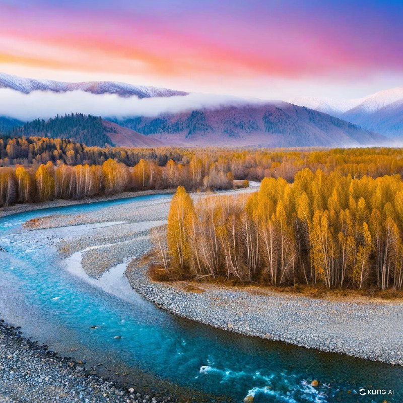 中国新疆禾木村的秋景令人叹为观止，色彩鲜艳，河岸两旁的树木金黄，河水宁静，雾气缭绕，柔和的粉紫色天空，自然之美，景色静谧