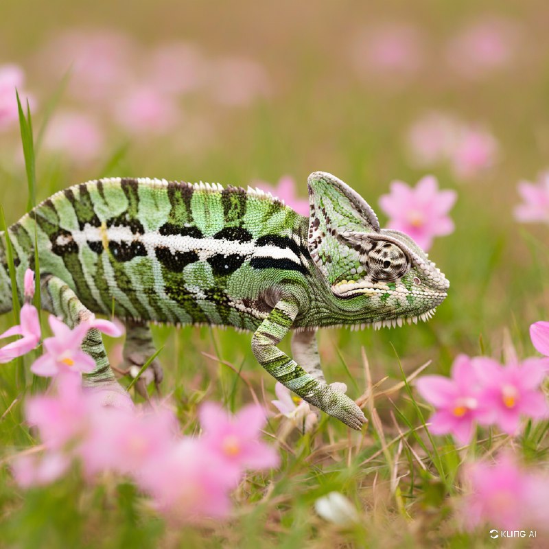 #Bing_Wallpaper“一只伪装成浅粉色野花草地的变色龙，巧妙地与周围环境融为一体，却又凭借其复杂的纹理图案在米色、橄榄绿和深棕色的不同色调中微微凸显出来