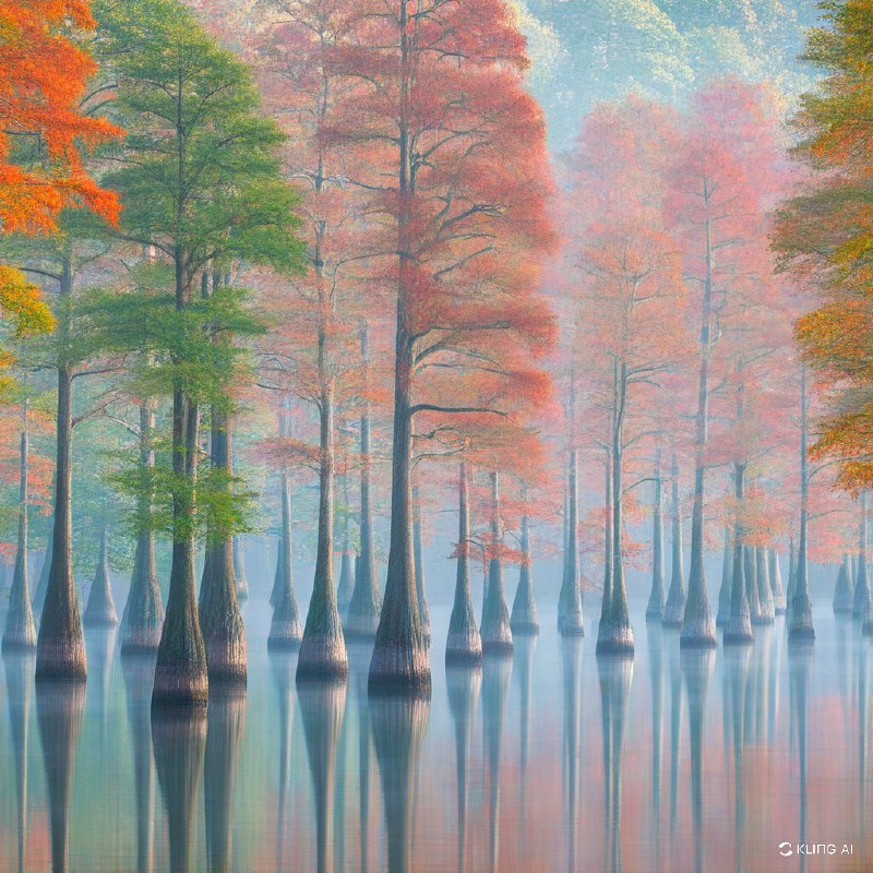 这是一幅宁静的秋景图，高大的柏树优雅地矗立在薄雾弥漫的湖面上，周围是红橙黄三色相间、生机勃勃的秋叶