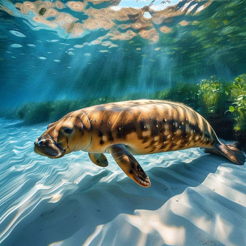 #Bing_Wallpaper在佛罗里达水晶河中的一个迷人的水下景象，一只温顺的海牛优雅地滑行在水面之下