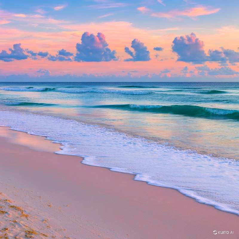 佛罗里达州海湾群岛国家海岸，日出时分的宁静海滩，天空中柔和的粉色和橙色倒映在水面上，轻柔的海浪拍打着沙滩，蓬松的云朵在头顶飘荡，宁静祥和的氛围