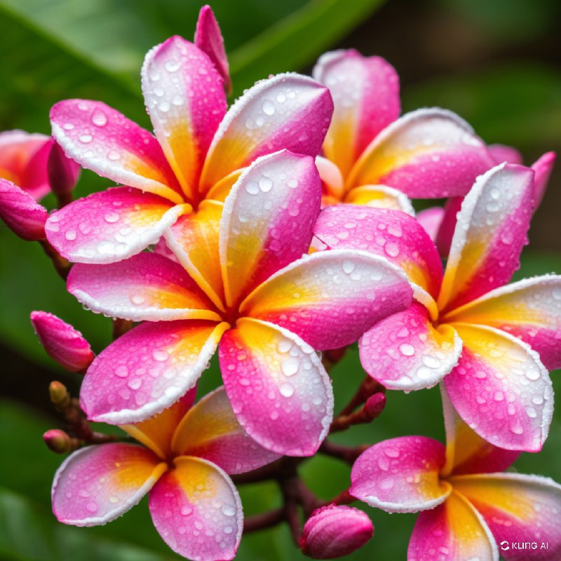 #Bing_Wallpaper"特写镜头展示鲜艳的粉红色和黄色鸡蛋花（缅栀花），花瓣上点缀着新鲜的露珠，在阳光下柔和地闪耀光芒