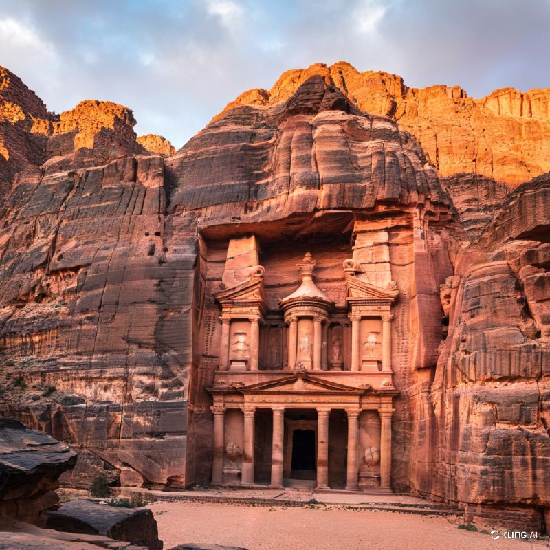 #Bing_Wallpaper“约旦佩特拉的修道院（Ad Deir）的壮丽遗址沐浴在落日的金色余辉中