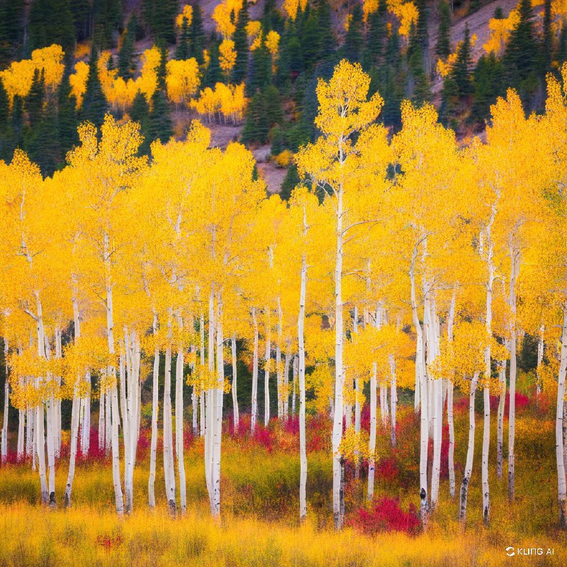 科罗拉多州大理石附近的一片杨树林秋景生机勃勃，金黄色的树叶在自然宁静的环境中展现出令人惊叹的色彩