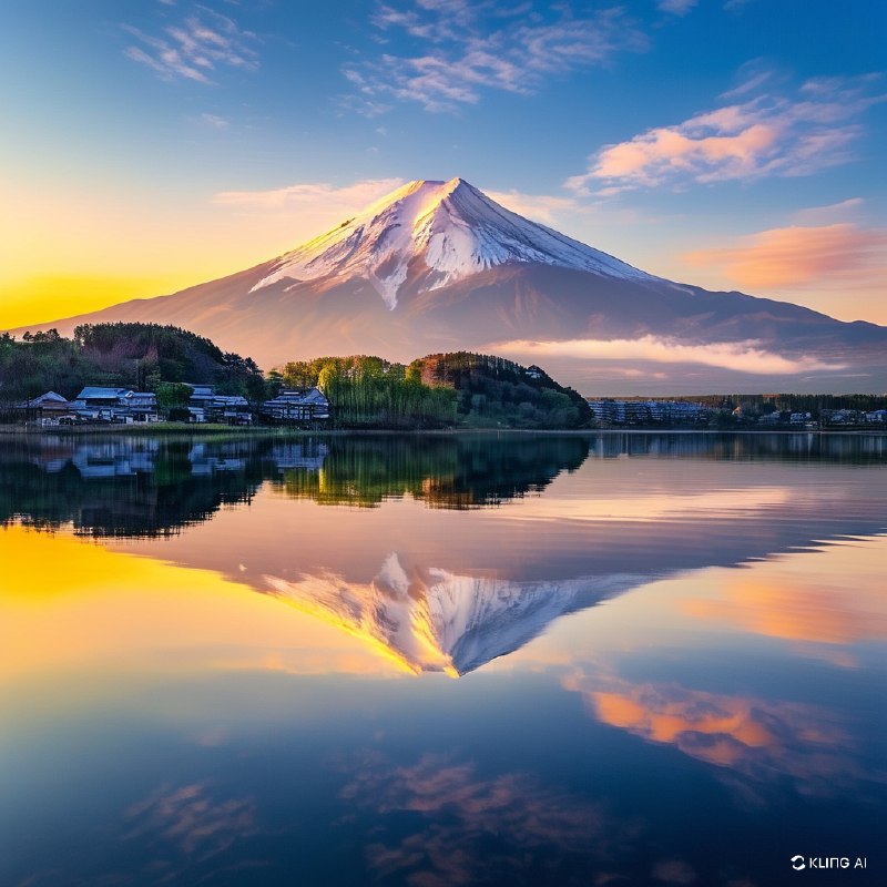 #Bing_Wallpaper旭日柔和的金色光芒洒在雄伟的富士山上，雪顶在温暖的光线中泛着光辉，完美地倒映在日本河口湖如镜的湖水中