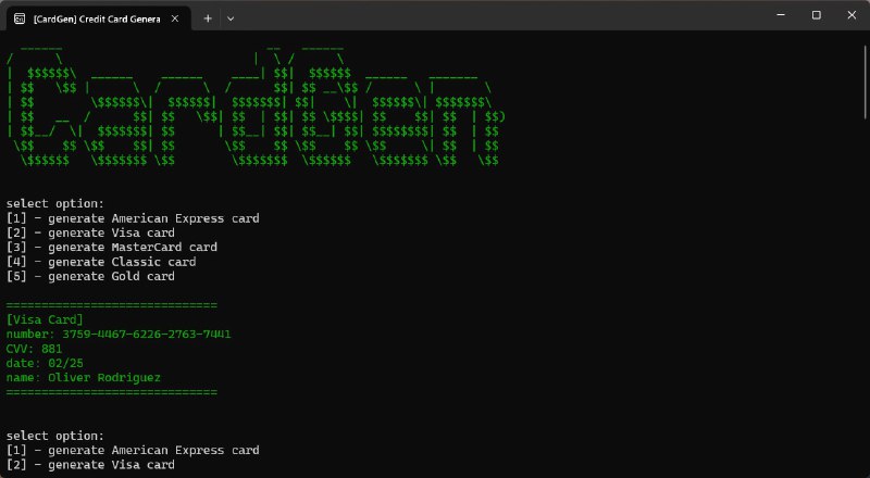 CardGen - 信用卡生成工具CardGen 可以生成符合卢恩算法的假信用卡号，用于测试电子商务网站或软件应用的信用卡输入功能生成 Visa、MasterCard、American Express 信用卡号，含有效期和 CVV开发者还提到有 1% 的概率能生成有余额的卡号...#Tool #GitHub
