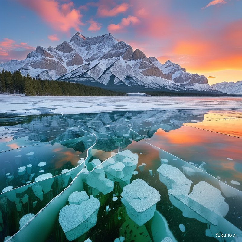 #Bing_Wallpaper“一幅令人叹为观止的冬季景观，展现了加拿大阿尔伯塔省亚伯拉罕湖的美景：一片广阔的松石色冰面上，悬浮着透明的白色甲烷气泡，这些气泡冻结成了错落有致的层次，层叠在冰面之下